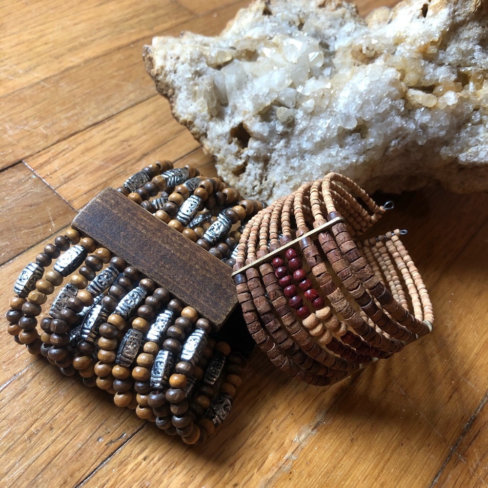 Boho Wooden Beaded Bracelet Bundle of 2